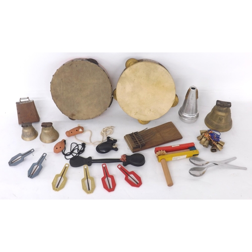 1238 - Quantity of various mainly percussion instruments, including two tambourines, thumb piano, Jews harp... 