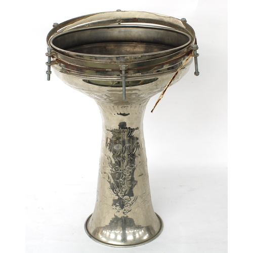 1265 - Good and unusual silver plated Doumbek (stem drum), repousse with stylised scrolling foliage, the ri... 