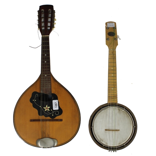 1267 - Boosey & Hawkes Excelsior pear shaped mandolin; also a Jedson ukulele banjo, case (2)... 