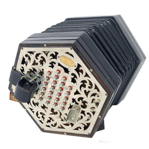 1281 - Good English Wheatstone & Co concertina, with forty-eight metal buttons on foliate pierced metal... 