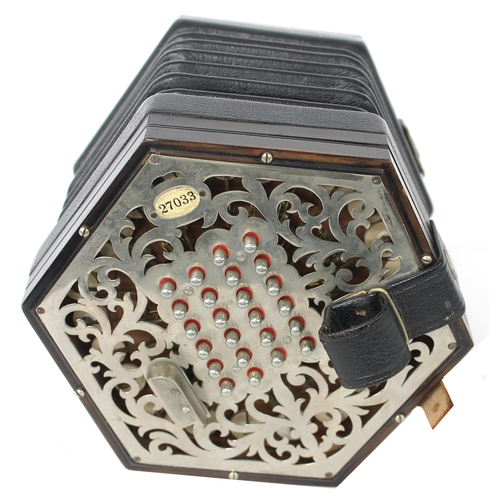 1281 - Good English Wheatstone & Co concertina, with forty-eight metal buttons on foliate pierced metal... 