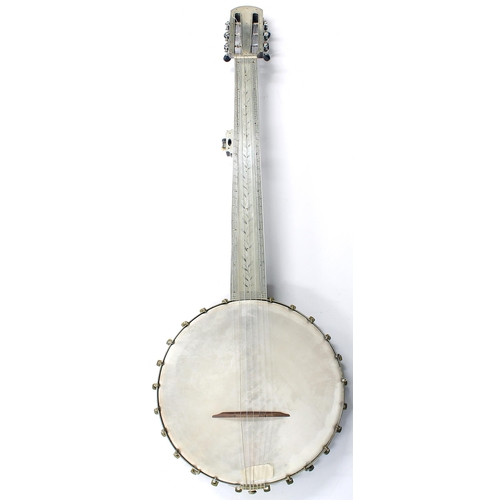 1282 - Fine and possibly unique seven string fretless banjo, unnamed, with very finely engraved silver plat... 