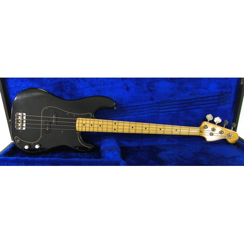 72 - 1977 Fender Precision bass guitar, made in USA, ser. no. S747198, black finish with various imperfec... 