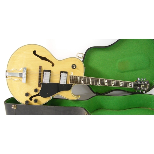76 - Maya 175 hollow body electric archtop guitar, made in Japan, natural finish, electrics appear to be ... 