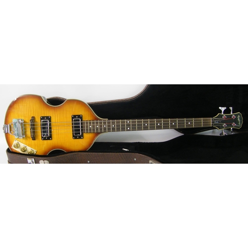 95 - Epiphone Viola bass guitar, ser. no. U99110833, quilted amber finish, electrics appear to be in work... 