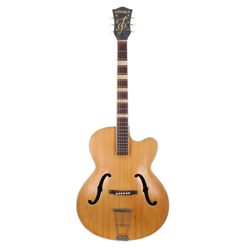 368 - 1960s Hofner archtop guitar; Finish: blonde, minor dings; Fretboard: rosewood; Frets: worn with heav... 