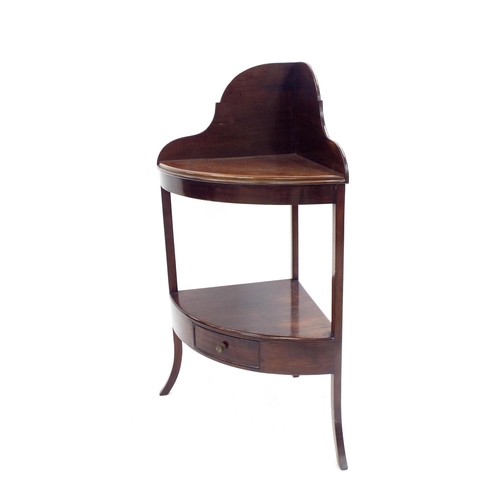 196 - 19th century mahogany corner washstand, with raised arched pediment fitted with a single drawer, 42