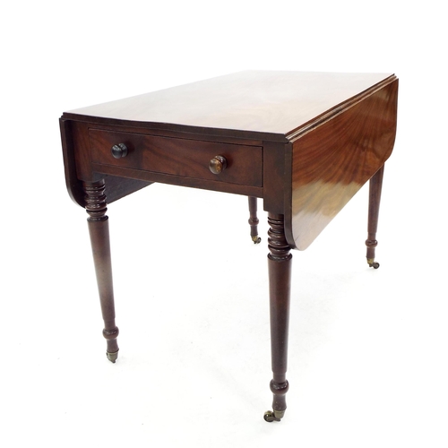202 - Victorian flame mahogany Pembroke table with a single frieze drawer and opposing dummy drawer upon t... 