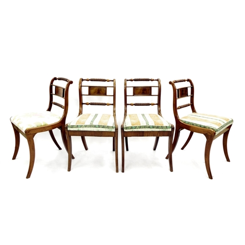 205 - Set of four Regency mahogany dining chairs, each with barley twist and tablet horizontal splats, dro... 