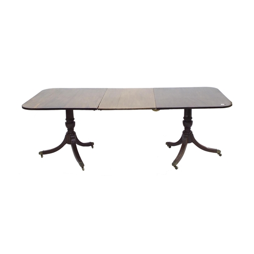 219 - Mahogany D end twin pedestal dining table, the moulded top over two baluster columns upon three reed... 