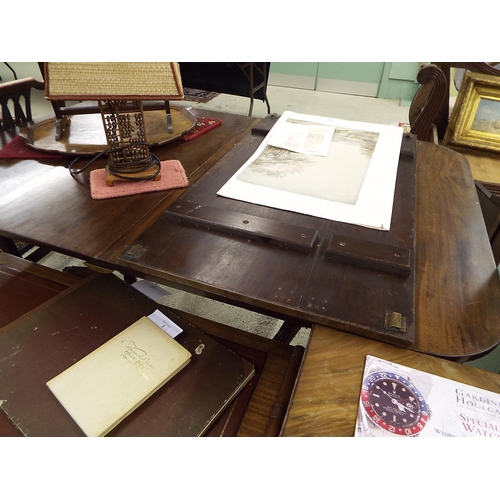 219 - Mahogany D end twin pedestal dining table, the moulded top over two baluster columns upon three reed... 
