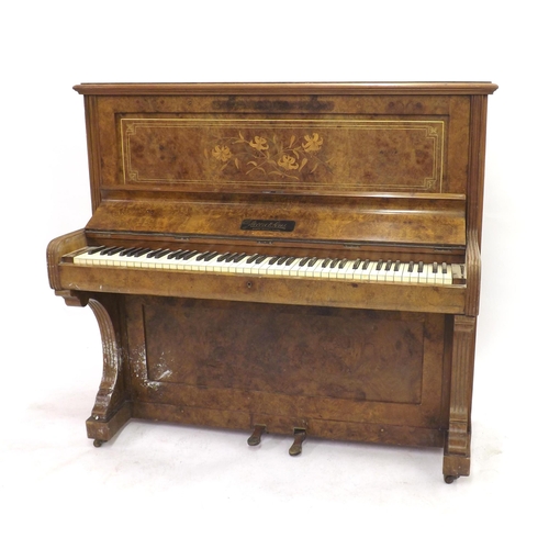 221 - Burr walnut and boxwood inlaid upright piano by Moon & Sons, Plymouth (at fault)