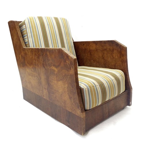 226 - Harry Norris of Bolton burr veneered lounge chair in the manner of Epstein with recently upholstered... 