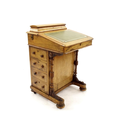 229 - Victorian burr walnut davenport, the dome compartment over a green inset top enclosing a maple lined... 