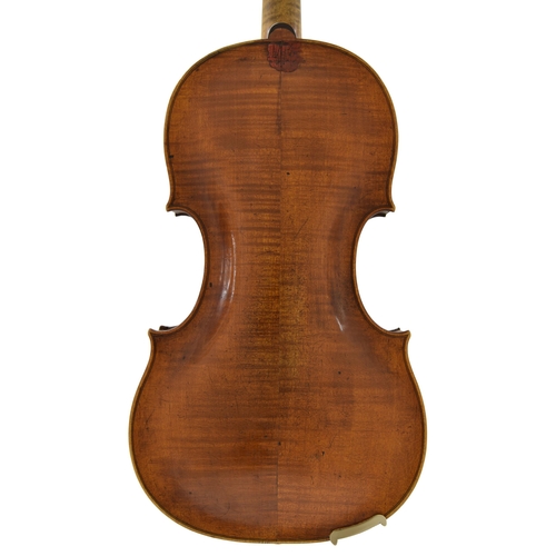 20 - Early 19th century German violin labelled Gaspar Duiffoprupa á Lion 1530, the two piece back of fain... 