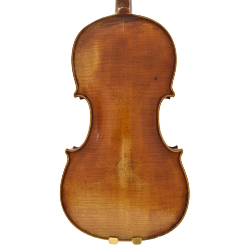 23 - 19th century Mittenwald violin, unlabelled, the two piece back of fine curl with similar wood to the... 