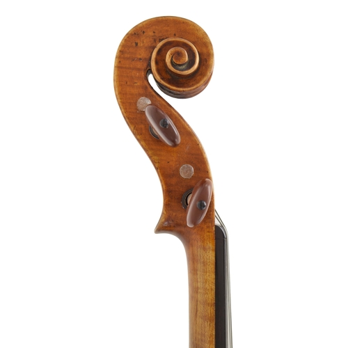 23 - 19th century Mittenwald violin, unlabelled, the two piece back of fine curl with similar wood to the... 