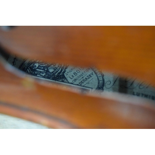 34 - French violin labelled Jt. Derazey Luthier, Mirecourt Vosges, Hors, Concours..., also stamped Jt. De... 