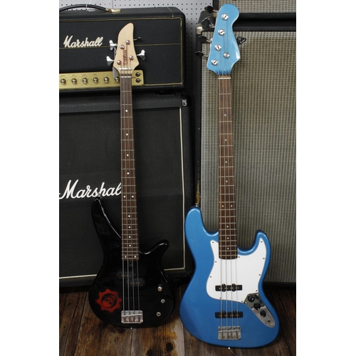 405 - Squier Jazz bass guitar with replacement neck, Lake Placid blue finish with dings and marks; togethe... 