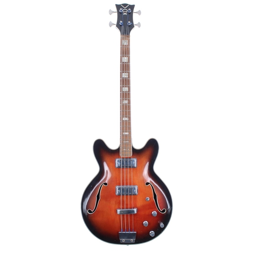 415 - 1960s Vox Cougar bass guitar; Finish: red burst, fading to the front, lacquer cracking, impact lacqu... 