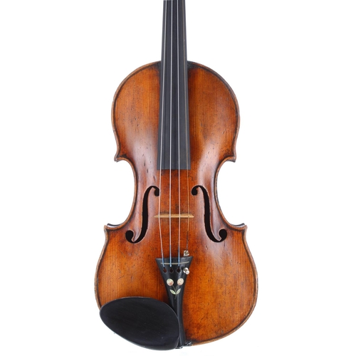 2453 - Interesting violin circa 1850, unlabelled, the two piece back of faint medium curl with similar wood... 