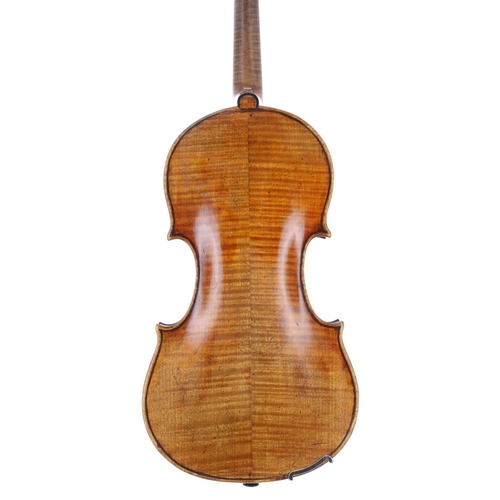 2453 - Interesting violin circa 1850, unlabelled, the two piece back of faint medium curl with similar wood... 