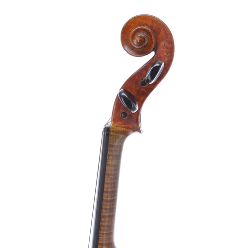 2453 - Interesting violin circa 1850, unlabelled, the two piece back of faint medium curl with similar wood... 