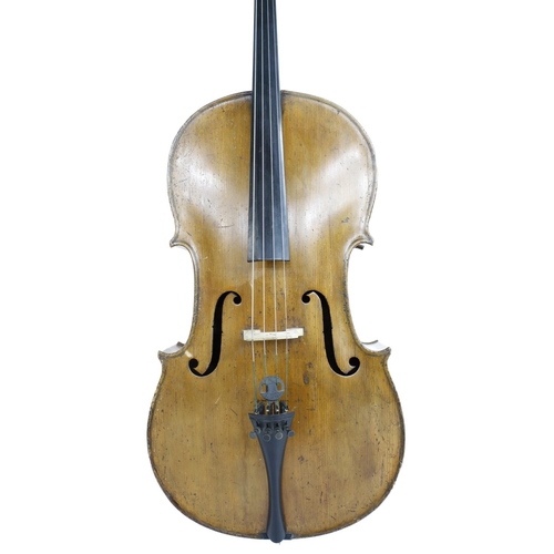 2505 - Interesting violoncello circa 1850, unlabelled, the two piece back of very faint medium curl with si... 