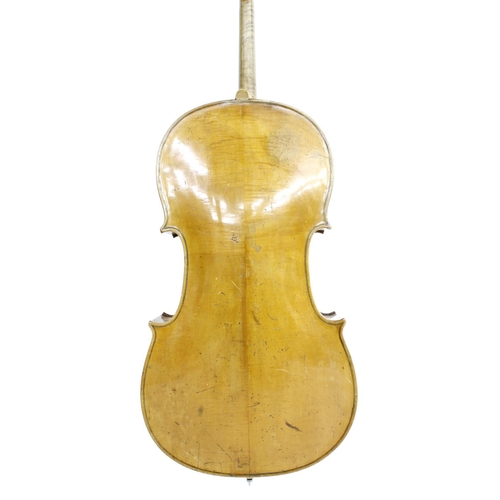 2505 - Interesting violoncello circa 1850, unlabelled, the two piece back of very faint medium curl with si... 