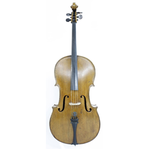 2505 - Interesting violoncello circa 1850, unlabelled, the two piece back of very faint medium curl with si... 