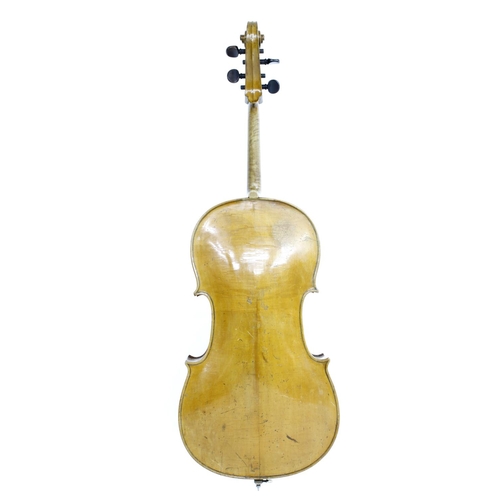 2505 - Interesting violoncello circa 1850, unlabelled, the two piece back of very faint medium curl with si... 