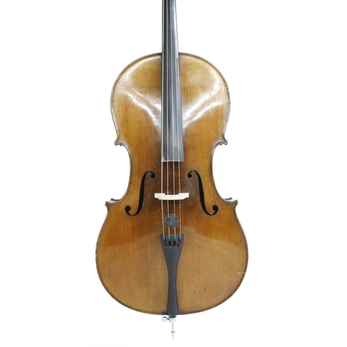 2506 - Good late 19th/early 20th century violoncello, unlabelled, the two piece back of faint medium curl w... 