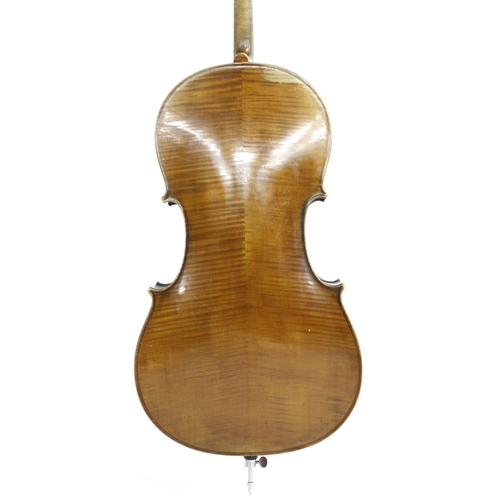 2506 - Good late 19th/early 20th century violoncello, unlabelled, the two piece back of faint medium curl w... 