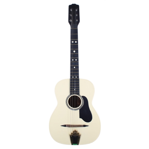 159 - Early 1950s Maccaferri Islander acoustic guitar with black acrylic and cream Dow Styron body, soft b... 