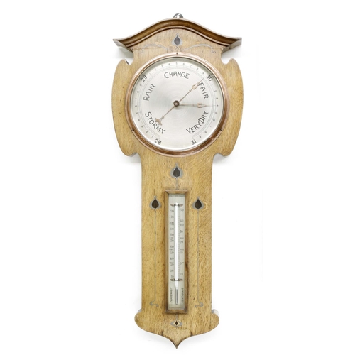 1071 - Arts & Crafts oak inlaid barometer/thermometer,the stylised inlaid case inset with an 8