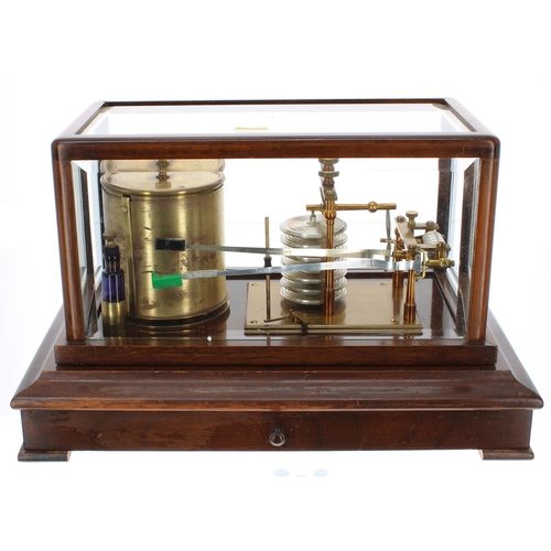 1081 - Old mahogany and bevelled glazed thermobarograph, fitted with a chart drawer, 14.25