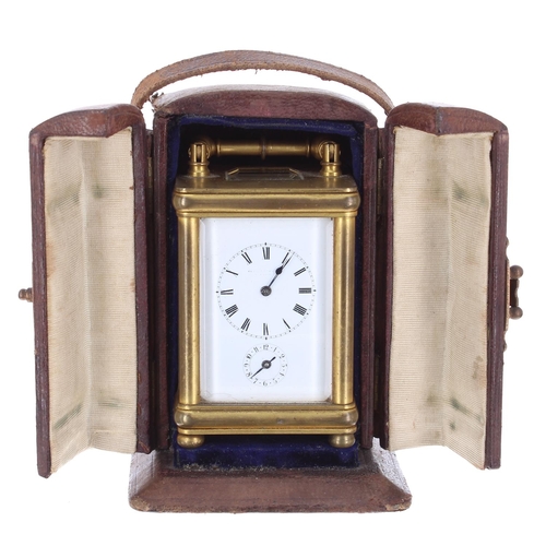 1131 - Good miniature striking carriage clock with alarm, the movement back plate stamped Swiss Made no. 52... 