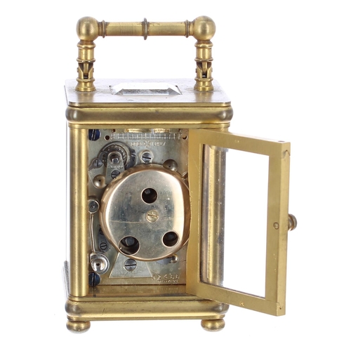 1131 - Good miniature striking carriage clock with alarm, the movement back plate stamped Swiss Made no. 52... 