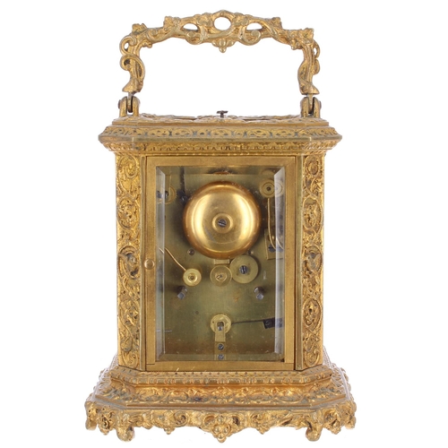 1133 - French repeater alarm carriage clock striking on a bell, the movement back plate and dial both signe... 