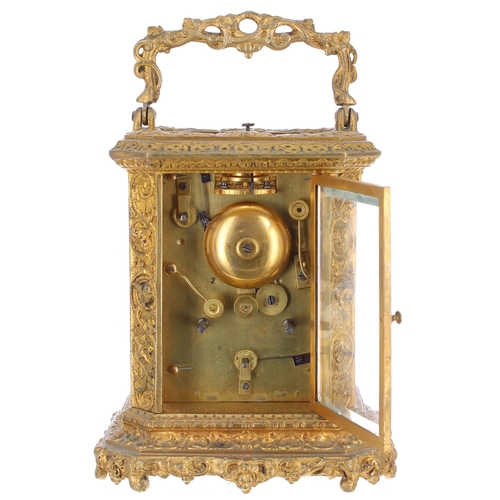 1133 - French repeater alarm carriage clock striking on a bell, the movement back plate and dial both signe... 