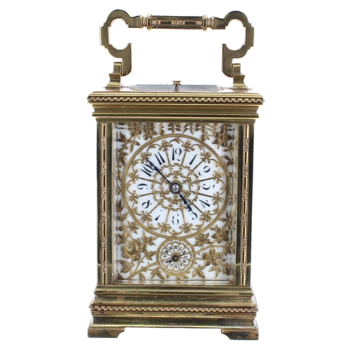 1134 - Good French repeater carriage clock with alarm, the movement stamped France no. 4526 and striking on... 