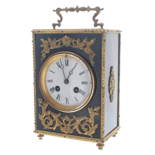 1151 - French ebonised and gilt metal mounted two train mantel clock, the movement back plate bearing the m... 