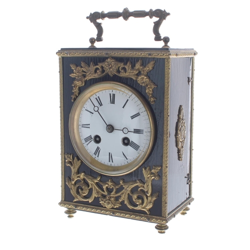 1152 - French ebonised and gilt metal mounted two train mantel clock, the movement back plate bearing the m... 