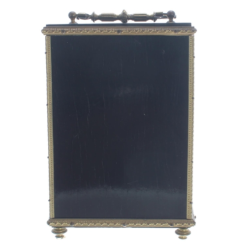 1152 - French ebonised and gilt metal mounted two train mantel clock, the movement back plate bearing the m... 