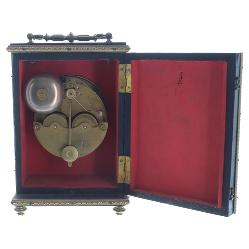 1152 - French ebonised and gilt metal mounted two train mantel clock, the movement back plate bearing the m... 