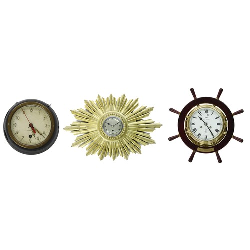 1698 - Schatz Royal Mariner brass bulkhead ship's wheel 'Queen Elizabeth II' wall clock; also a Russian bul... 