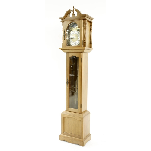 1332 - Contemporary light oak three train grandmother clock, the 9