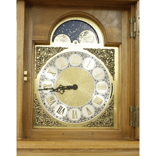 1332 - Contemporary light oak three train grandmother clock, the 9