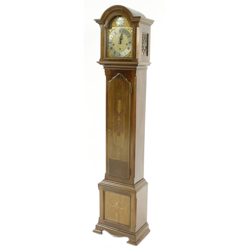 1341 - Good mahogany three train grandmother clock, the movement playing on five rods, the 8.5