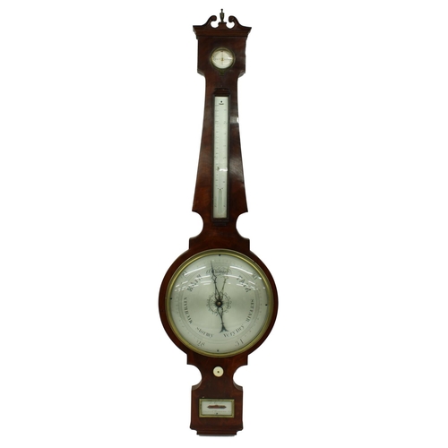 1078 - Good mahogany four glass wheel barometer signed J. Amadio, 6 Shorters Ct. Throgmorton Strt, the prin... 